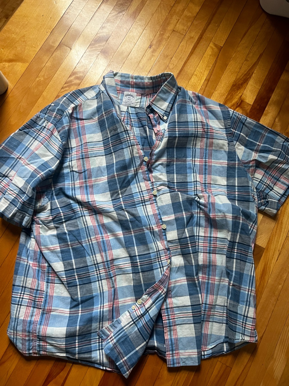 Brooks Brothers Blue Plaid Short-Sleeve Button-Down Shirt with Red Stripes